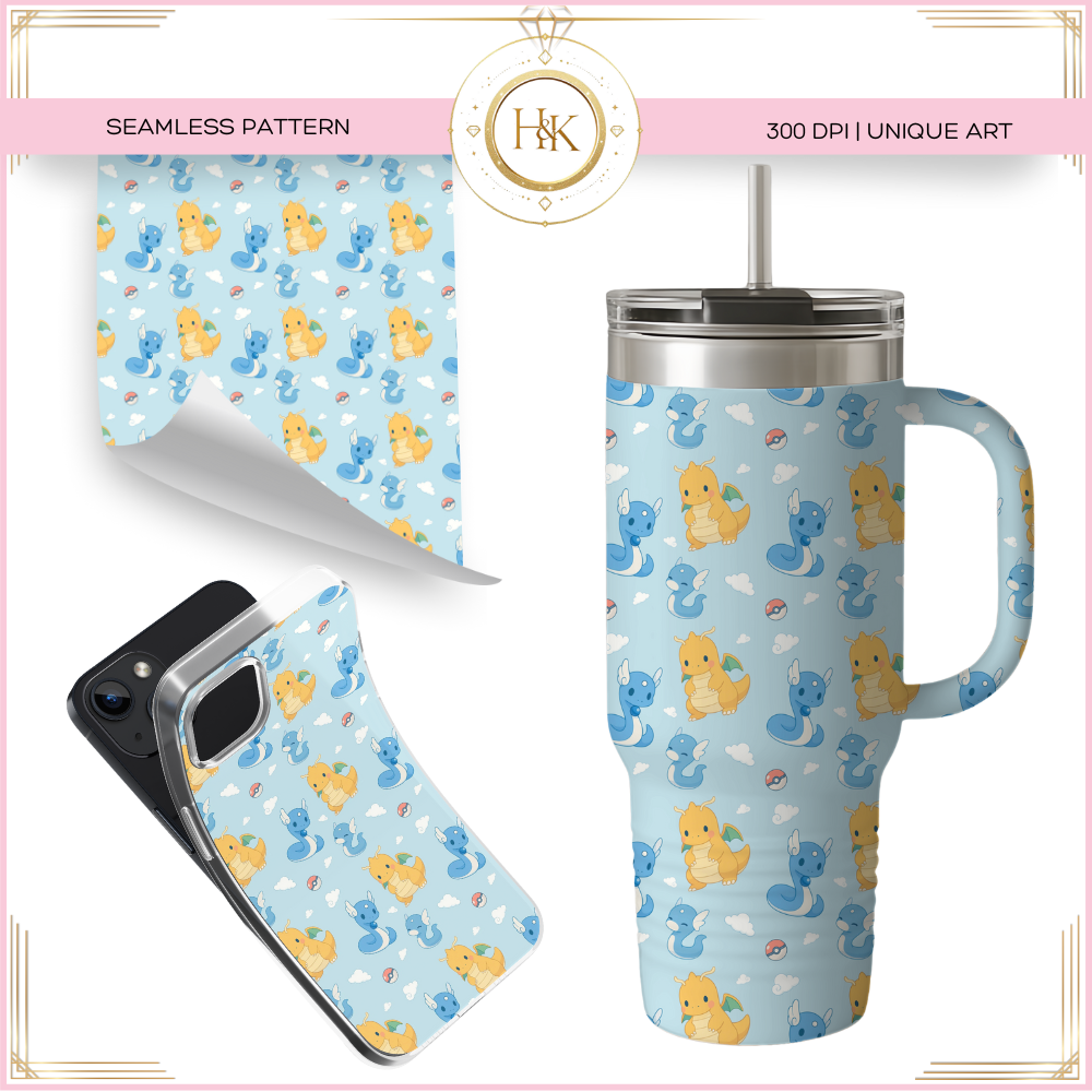 Dratini/Dragonair/Dragonite Evolution Seamless Pattern | Pokemon | PNG