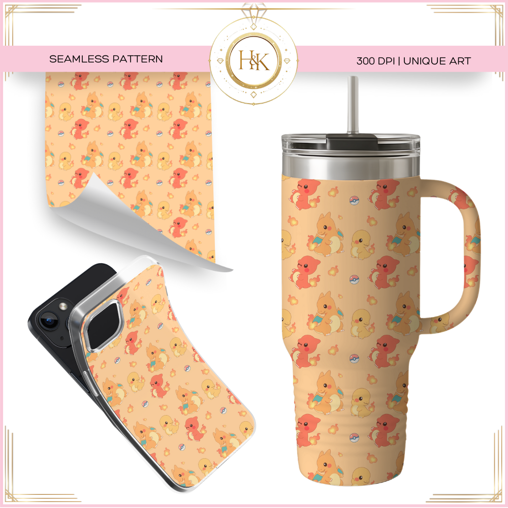 Charmander/Charmeleon/Charizard Evolution Seamless Pattern | Pokemon | PNG