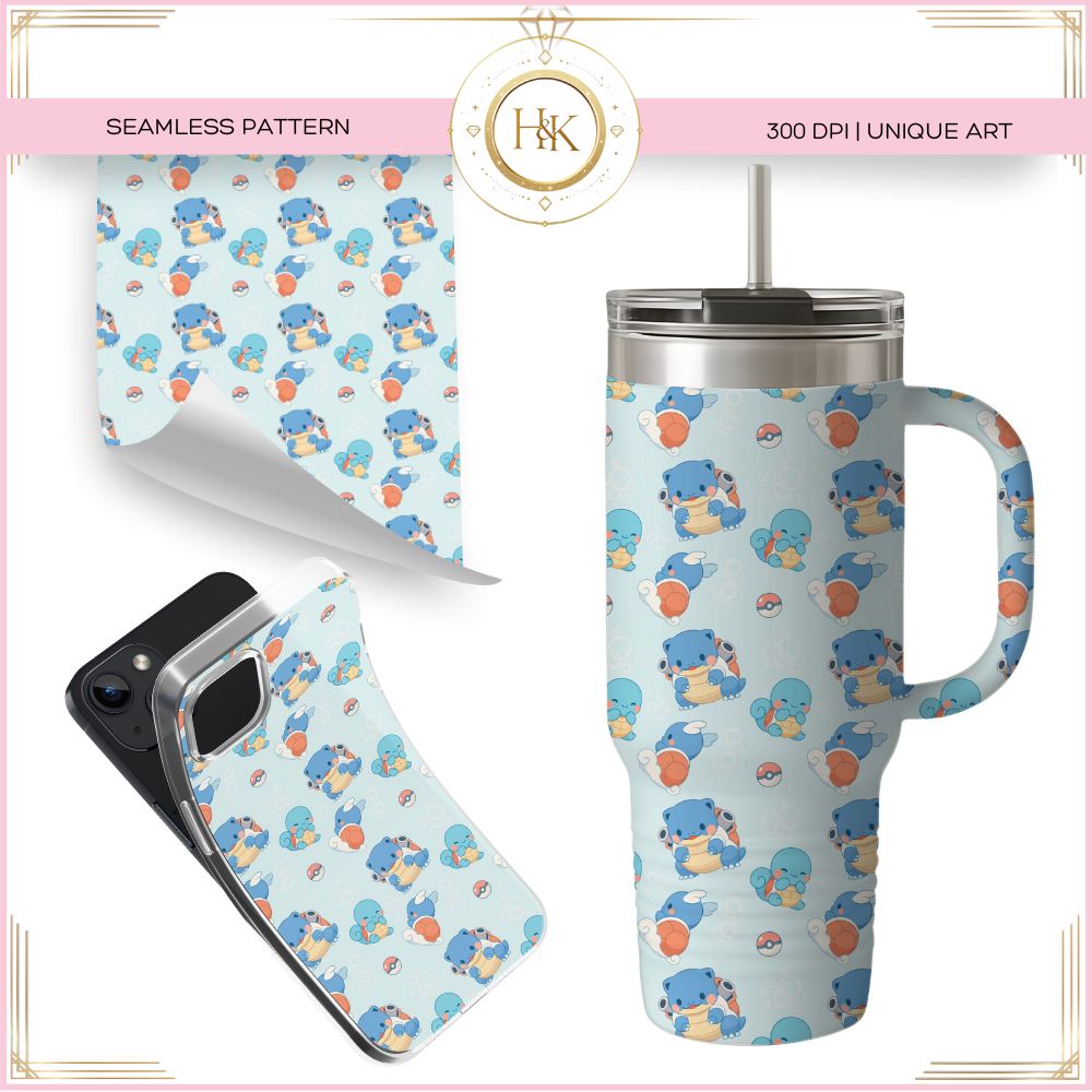 Squirtle/Wartortle/Blastoise Evolution Seamless Pattern | Pokemon | PNG